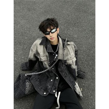 (免運)美式高街vibe扎染牛仔外套春秋款男破壞高級感情侶牛仔衣工裝夾克