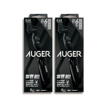 (2盒超值組)日本KAI貝印-AUGER男士修容刮鬍刀組AG-6H(刀柄1入+替換刀片6入)/盒(5刃可替換滑順剃鬚刀,刀頭角度可變反向剃鬍,鬢角美型手動刮毛工具)
