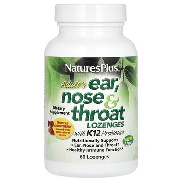 NaturesPlus, 成年人耳鼻喉錠劑，含 K12 益生菌，天然熱帶櫻桃漿果，60 錠劑