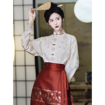 新中式輕國風馬面裙對襟上衣刺繡緞面襯衣女款春秋古風立領襯衫女