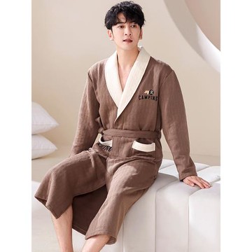 空氣棉睡袍男士秋冬款純棉夾層保暖浴袍男式睡衣家居服秋冬季加厚