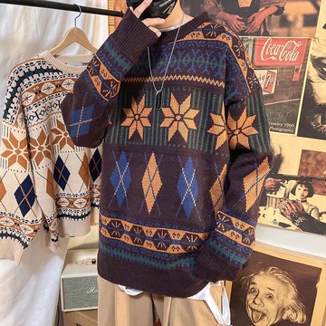 冬季美式復古民族風提花針織衫男 寬鬆潮牌情侶毛線衣