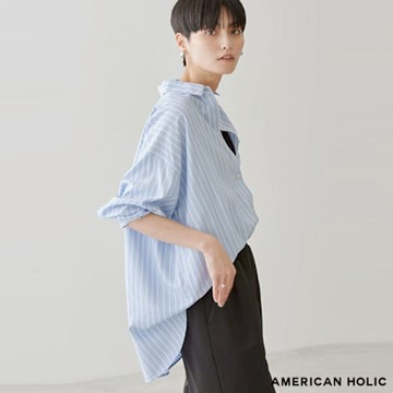 【AMERICAN HOLIC】涼爽觸感素面/條紋後抓褶長版襯衫