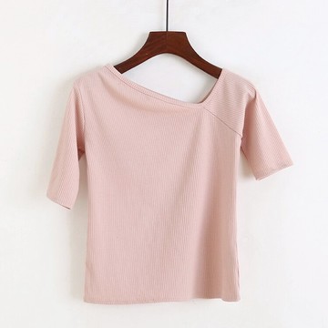 短袖修身彈力針織T恤衫 女夏季新款斜漏肩百搭打底短款上衣K/12-2