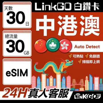 LINKGO白鑽卡 中港澳 eSIM卡 30天上網卡 總流量30GB 無限流量 免翻牆可熱點(中港澳網卡 中國 大陸 香港 澳門 虛擬卡)