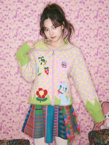 淺粉色波點小動物連帽針織開衫童趣