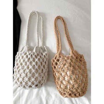 新款夏日系海邊沙灘手提包 鏤空網格單肩包 棉線鉤針漁網包