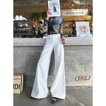 (免運)貓貓家加長女褲喇叭褲女高腰顯瘦垂感春夏彈力闊腿微喇白色牛仔褲