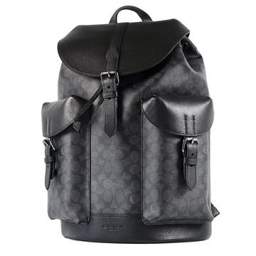 COACH 男款 Warner 緹花LOGO防刮拚荔枝紋束口翻蓋後背包-灰黑