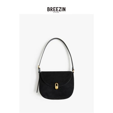 BREEZIN黑色麂皮文藝輕復古日雜單肩斜背手提包腋下包
