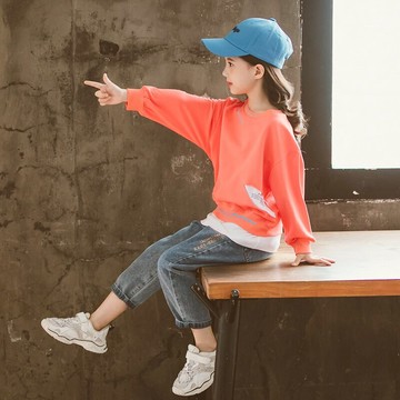 年新款春裝女童純色拼接字母衛衣兒童洋氣兩件套時尚韓版套裝1入