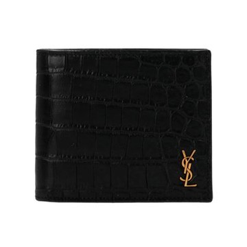 YSL SAINT LAURENT Tiny Cassandre East West Bifold 鱷魚皮壓紋皮革 卡夾 皮夾 短夾 黑色 金色 607727