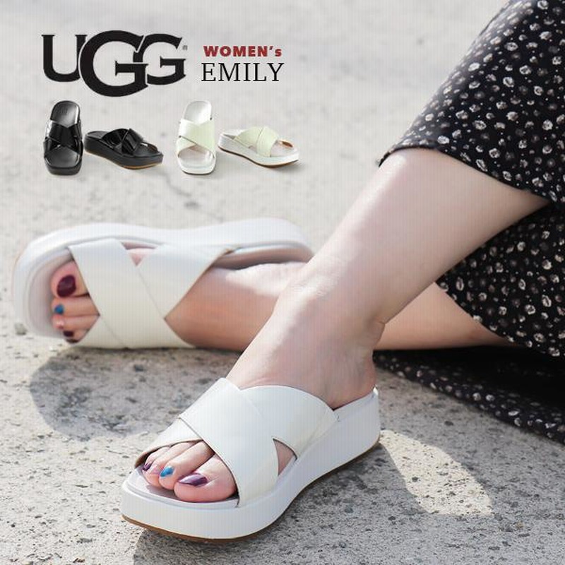 UGG サンダル レディース アグ 夏 黒 白 ブラック ホワイト クロスベルト フラットサンダル フラット ロゴ ブランド EMILY エミリー  1107896 | LINEショッピング