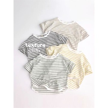 吼薄盛夏~寬松落肩~25新韓版兒童竹節棉條紋T恤衫森系洋氣潮短袖