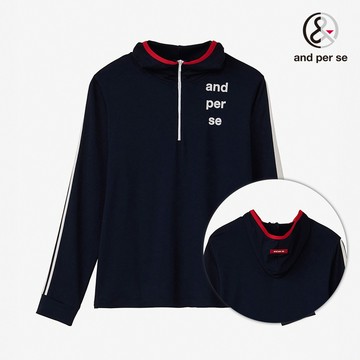【and per se】女款深藍色UV CARE光澤感親膚半拉鍊長袖帽Ｔ DLS212P1