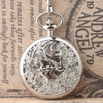 翻蓋鏤空銀白色懷表雙喜臨門機械懷表原創個性中國式復古懷舊懷表1入