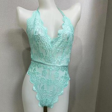 性感掛脖連體內衣女士胸罩淺藍色蕾絲無鋼圈套裝1191