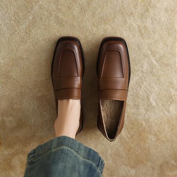 英倫風高跟鞋方頭單鞋女秋季平底粗跟復古棕色小皮鞋真皮樂福鞋女