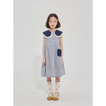 女童連衣裙夏裝新款4兒童藍色條紋純棉甜美花邊領洋氣無袖裙