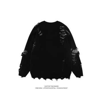 WHXS潮牌刀割破洞毛衣字母提花潮牌hiphop情侶針織衫上衣