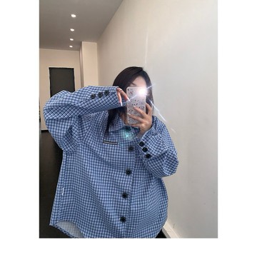 【RICECAKE & OISIS】美式簡約 藍色格子 長袖襯衫 高級感 百搭 oversize 女