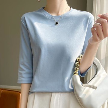 圓領絲光棉七分袖t恤女2024春夏新款氣質百搭棉線打底衫半袖女