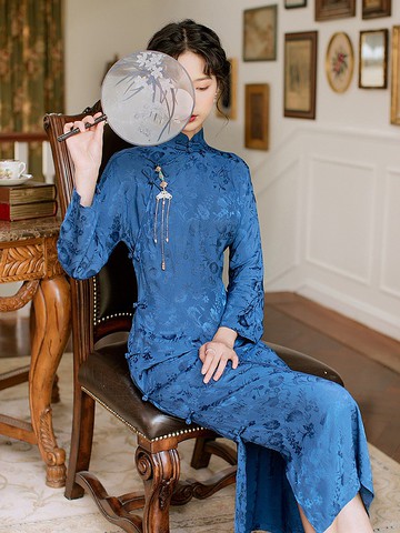 藏青色 朝露 提花全開襟旗袍新娘敬酒服 復古改良新中式國風洋裝