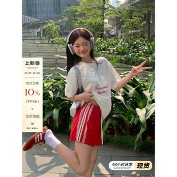 宋正恩多巴胺紅色美式復古高腰短褲女夏季寬松直筒運動休閑褲熱褲