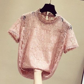 設計感小眾半袖鏤空蕾絲衫女夏季新款百搭純色短袖打底上衣潮