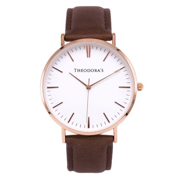 【THEODORA'S】Hera 簡約中性款真皮手錶[大錶面] 蛋殼白面-真皮深棕【希奧朵拉】
