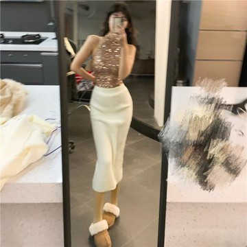 圖圖小有名氣的無袖短款春秋收腰香檳色夜店蹦迪亮片打底上衣2024