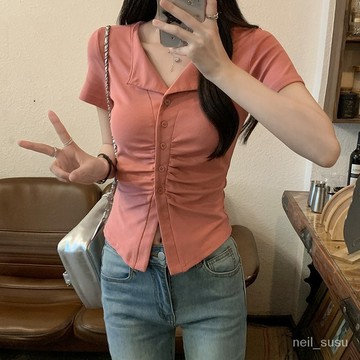 P3-[限時特賣]T恤 短袖T恤 短袖上衣 女生上衣實拍1*1螺紋210剋短袖T恤2024夏修身潮短款正肩翻領純色韓版上