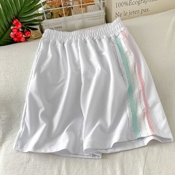 白色松緊高腰運動直筒褲學生情侶寬松百搭闊腿五分休閑短褲女夏潮