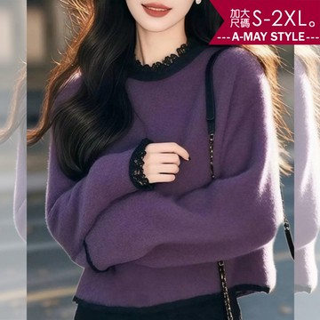 加大碼 針織衫毛衣 溫柔氣質拼接蕾絲領撞色感針織上衣(S-2XL)【XLG251245】＊艾美時尚(現+預)