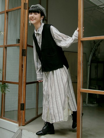 寬鬆純棉條紋側開衩開襟長版襯衫洋裝