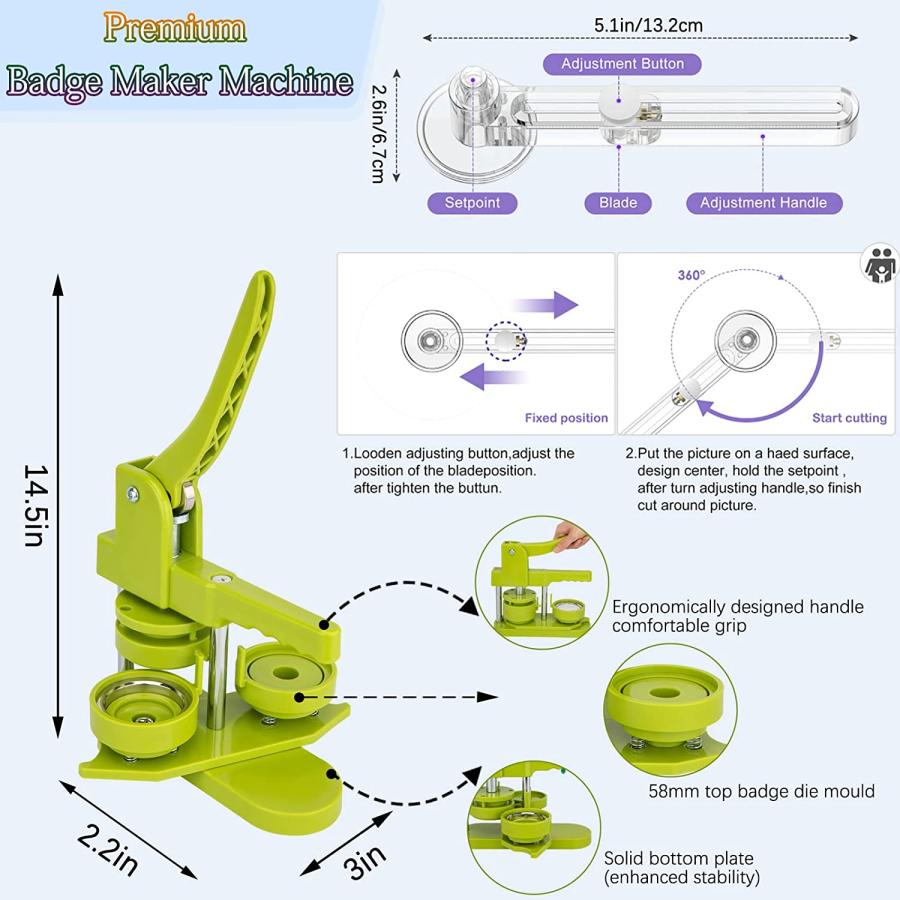 ボタンメーカーマシン取り付け 無料バッジマシン 58mm (2.25インチ) ボタンピンメーカーマシンキット 写真用ボタンパーツ100個付き サークル
