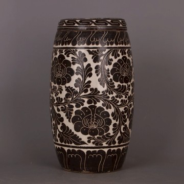 宋 磁州窯黑釉刻花纏枝紋蓋罐帽筒腰鼓瓶 仿宋代出土舊貨古老瓷器