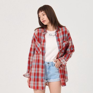 【ERSS】女裝 襯衫 長版襯衫 男友風 格子襯衫 寬鬆 朱紅【K30018】
