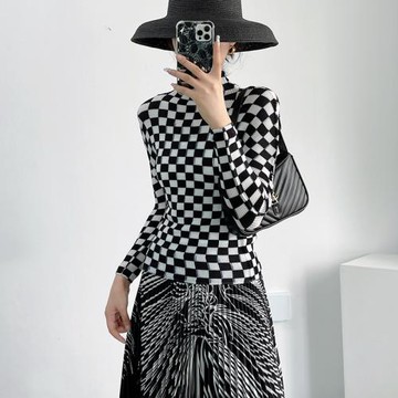 PY褶皺長袖T恤上衣女顯瘦2022年秋新款黑白格子設計半高領打底衫