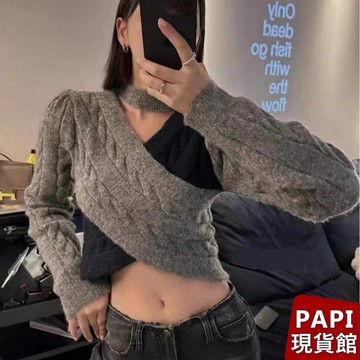 麻花撞色針織上衣【99139】PAPI女裝批發價秋冬新款韓系INS修身顯瘦氣質純欲掛脖繞頸長袖短版上衣 針織衫