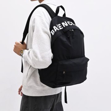 BALENCIAGA 巴黎世家  英文字LOGO帆布拉鍊雙肩後背包(黑 大)