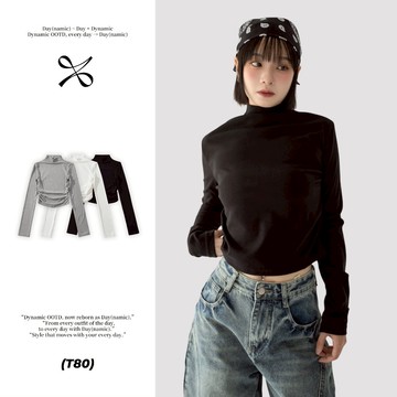 【Day(namic) 全店現貨】加絨 T80 小高領抓皺長袖上衣 黑 灰 白 保暖 磨毛 短版 親膚 打底衣 素t