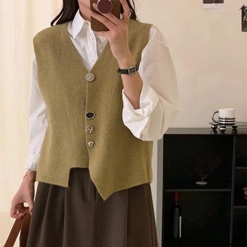 【設計感五星】韓版復古疊穿洋氣針織馬甲 不規則背心開衫 v領毛衣坎肩 馬甲背心上衣 針織背心 外搭背心