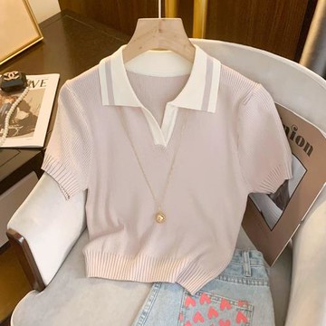 韓版拼色PoloV領冰絲針織衫短袖女減齡好看打底短款上衣t恤夏新款