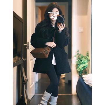 黑色高級感羊羔毛小個子外套女冬季2024新款氣質加厚保暖休閑棉衣