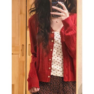 bm紅色蝴蝶結V領小個子針織開衫