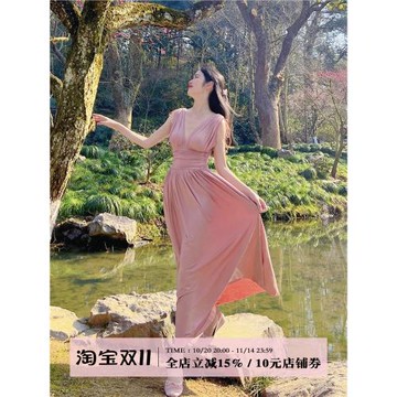 sorozien芍子【希頓】法式復古希臘風莫代爾褶皺中長款連衣裙女夏