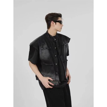 美式工裝牛仔馬甲男寬松歐美高街水洗煙灰色無袖坎肩背心百搭外套