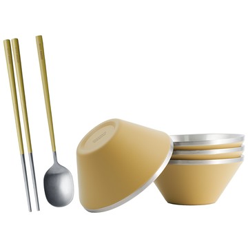 仙德曼雙層304不鏽鋼笠形碗-4入-沙色+316不鏽鋼餐具組-4套入