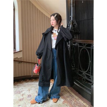 金大支荷葉邊風衣女2025新款春秋韓版高級感大碼長款黑色休閑外套
